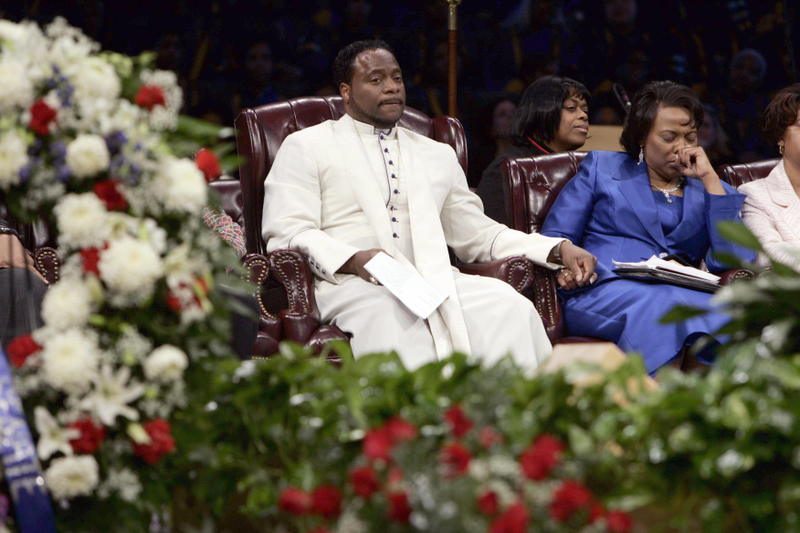 In February 2006, during the funeral for Coretta Scott King, Bishop Eddie Long is shown seated next to the Rev. Bernice King at the New Birth Missionary Baptist Church in Lithonia, Ga.JASON REED/AFP/Getty Images